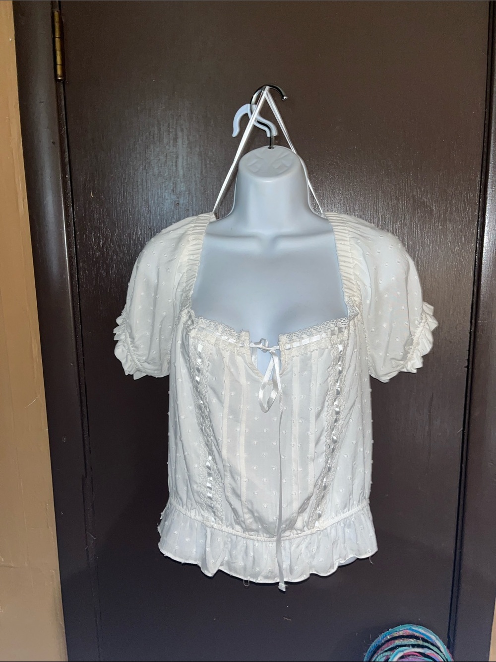 Self Esteem Ivory Puff-Sleeve Peasant Blouse with Lace Trim